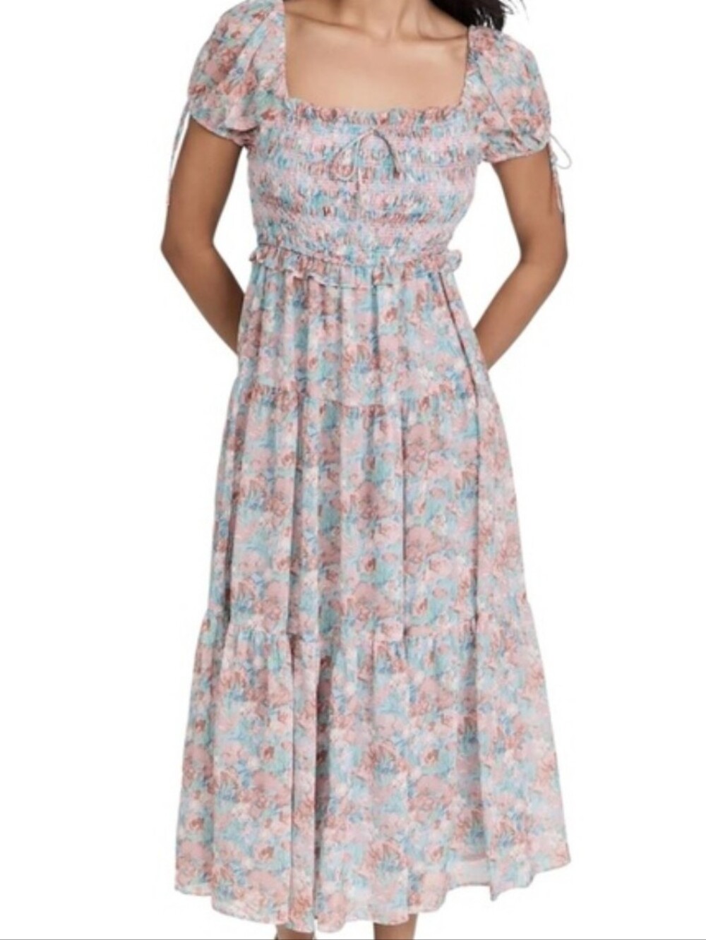 En Saison Adelina Floral Smocked Midi Dress Milkmaid S Peasant Puff Sleeve